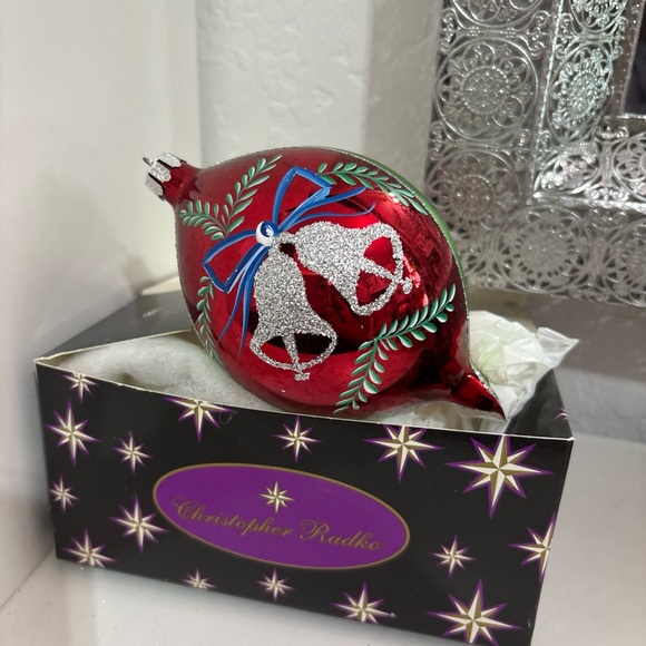 Christopher Radko Red Ornament with Silver Bells and Blue Ribbon - Picture 1 of 5